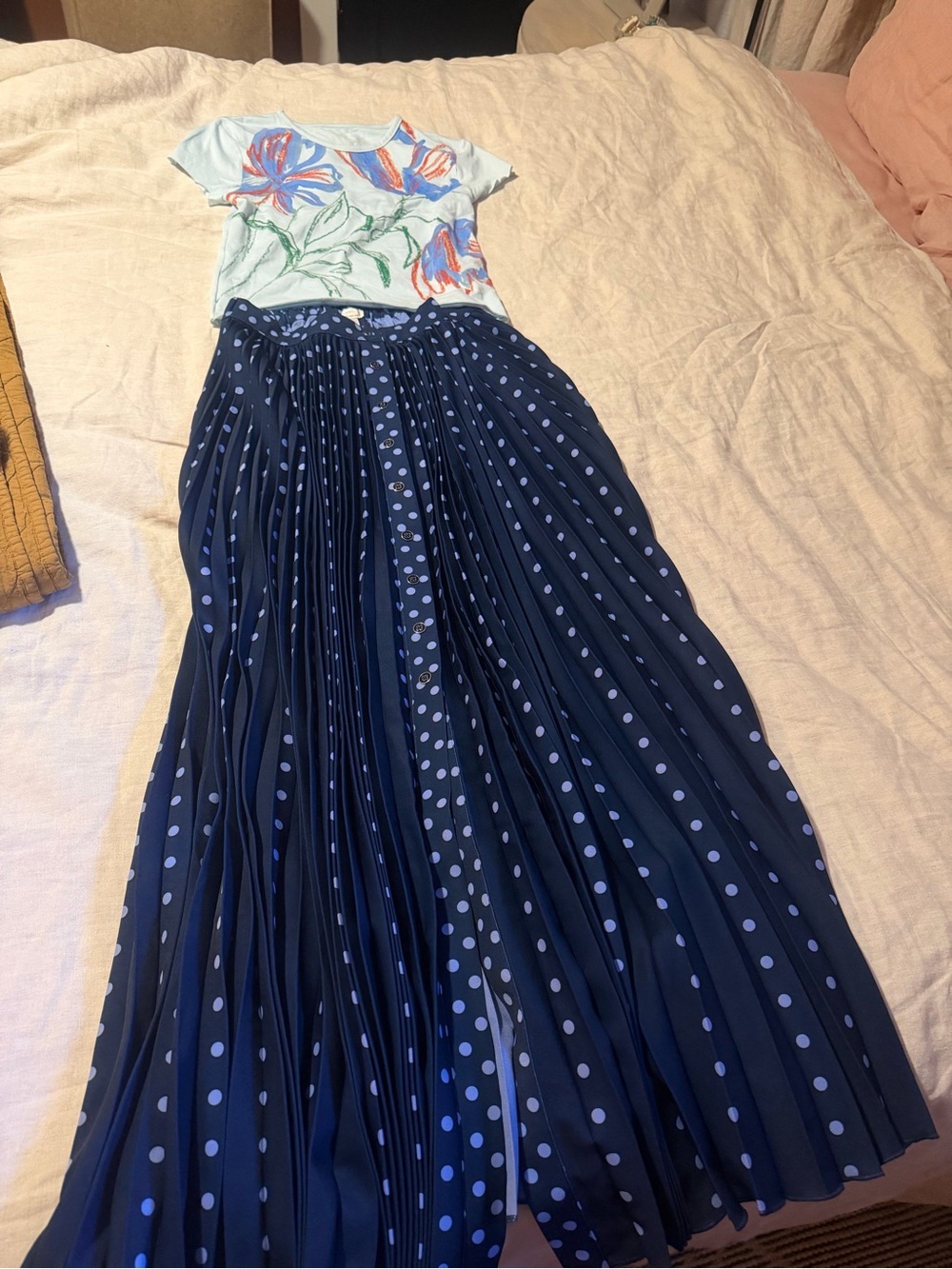 Maeve Navy Pleated Maxi Skirt with Light Blue Polka Dots